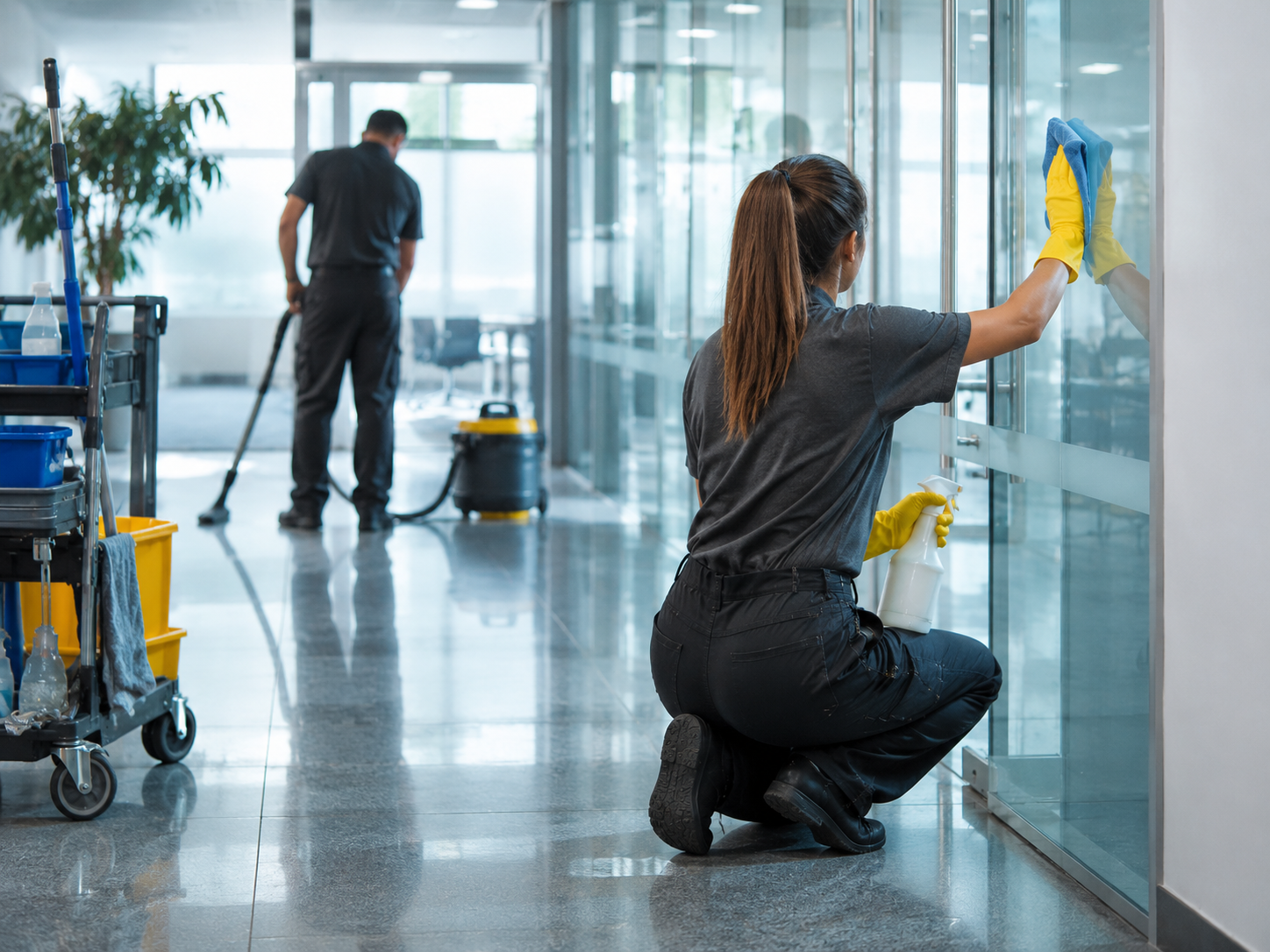 Professionelle Gebaeudereinigung in einem modernen Buerogebaeude